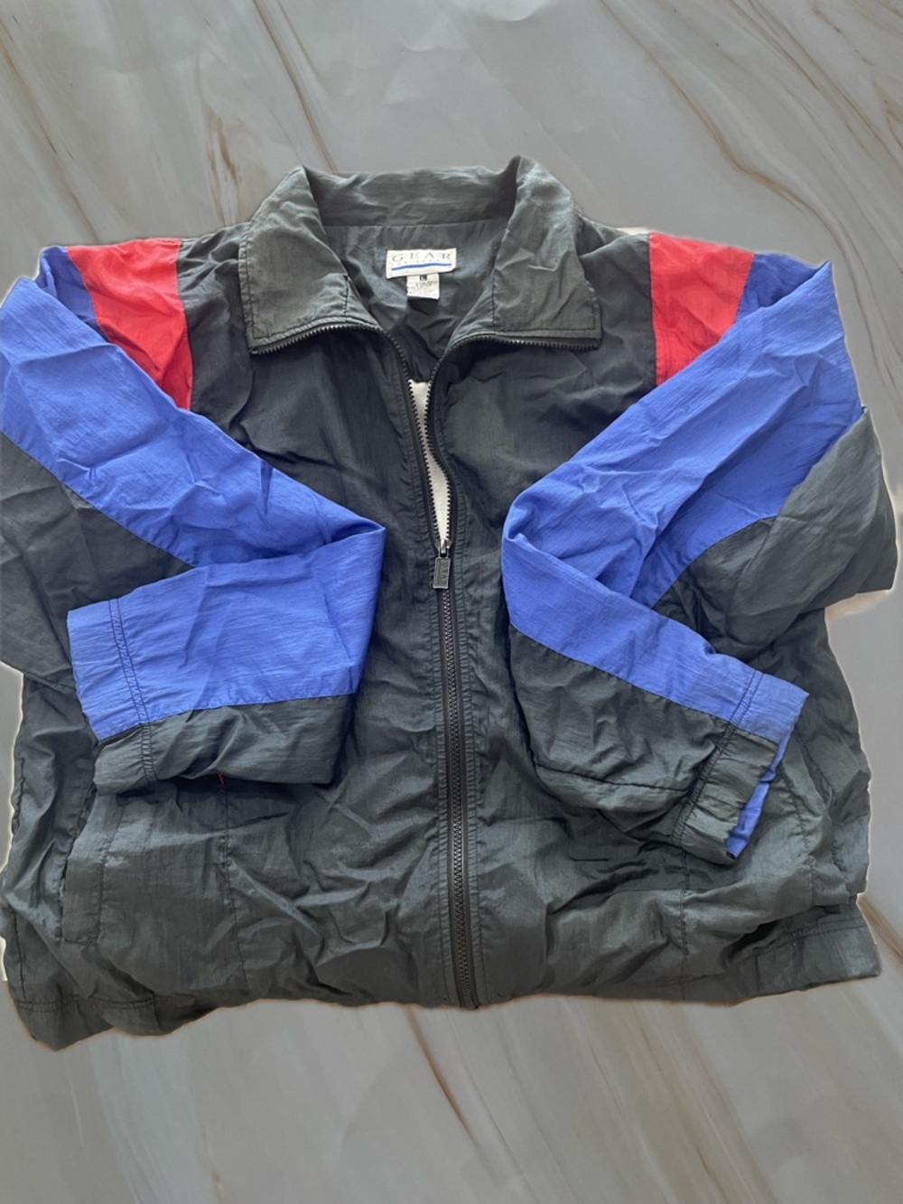 Vintage Black Windbreaker Jacket with Blue & Red Accents